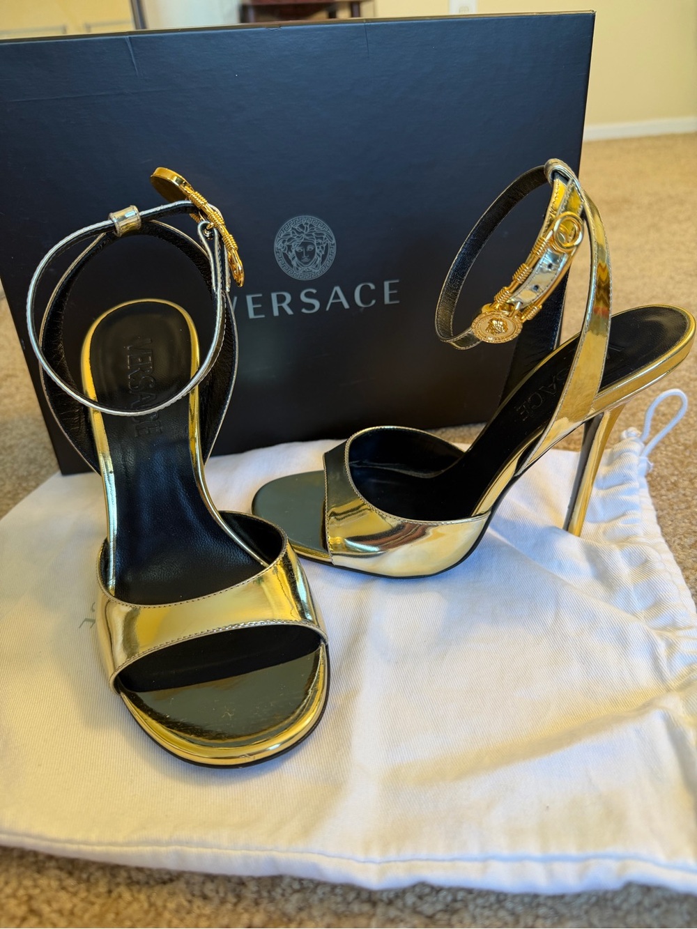 Versace “Safety Pin” Metallic Gold Stiletto Sandals